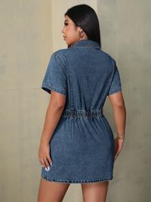 SHEIN EZwear Đầm denim bó sát nửa thân cài nút thường ngày mùa hè cỡ lớn cho nữ - Màu xanh lam - Xem 2