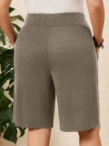 EMERY ROSE 2pcs/Set Plus Size Women's Solid Pocketed Casual Knee Length Shorts - Khaki - View 2
