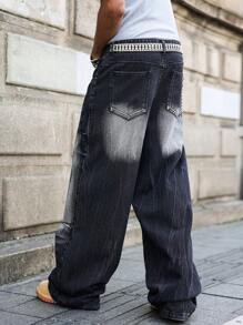 Manfinity EMRG Men's Black Denim Long Jeans With Zipper Detail And Distressed Wash - Black - View 2