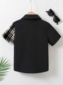 SHEIN Explorewe 1pc Young Boy Plaid Patchwork Collar Long Sleeve Shirt, Comfortable Casual Versatile Suitable For Outdoor, Summer, Leisure, Party, Daily Wear, School, Travel, Gathering - Black - View 2