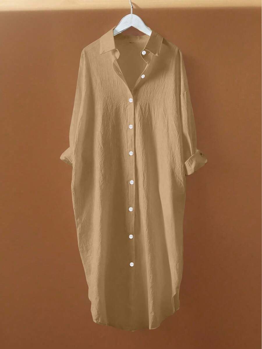 SHEIN LUNE Plissierte lange Knopfleisten-Bluse mit Schulterausschnitt für Damen