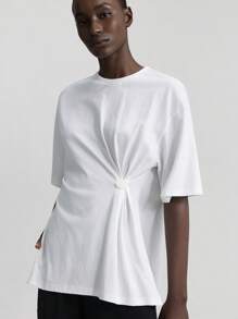 Ontre 2025 New Style Women Short Sleeve T-Shirt, Slit Design, Waist Ruched, Shell Button Decor, Casual Everyday Wear, White