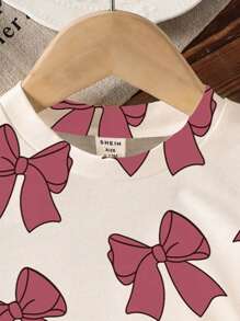 SHEIN 女婴蝴蝶结印花可爱圆领短袖 T 恤，适合情人节