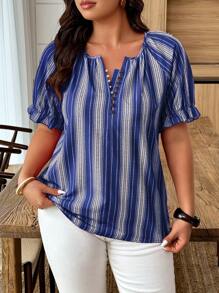 Breezaya Camisa de mujer de tallas grandes con cuello en V, decorada con estampado de rayas y botones