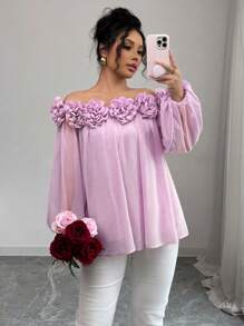 Chiquease 女士优雅露肩雪纺衬衫，3D 花卉装饰，柔软光滑的哑光纯色面料，长袖上衣适合日常穿着、约会、派对 - 紫羅蘭色 - 查看 6