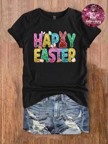 SHEIN LUNE Easter Day Rabbit Pattern Gift For Mom Casual Loose Round Neck Short Sleeve T-Shirt For Women, Suitable For Summer - Black - View 1
