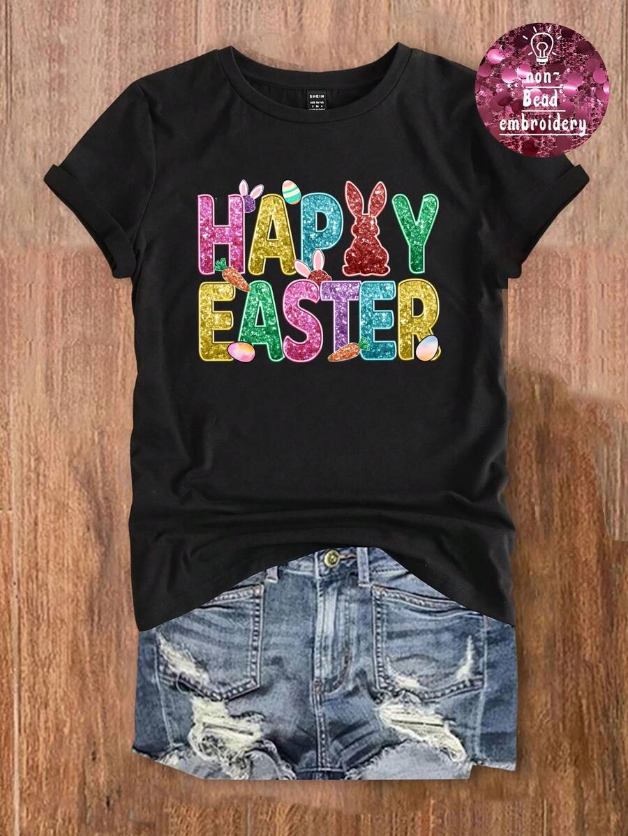 SHEIN LUNE Easter Day Rabbit Pattern Gift For Mom Casual Loose Round Neck Short Sleeve T-Shirt For Women, Suitable For Summer - Black - View 1