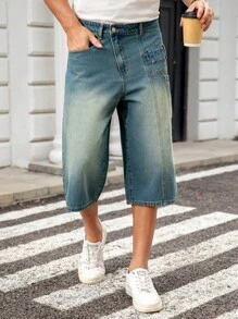 Manfinity EMRG 男士时尚牛仔短裤，适合夏季 - 中等水洗藍 - 查看 3