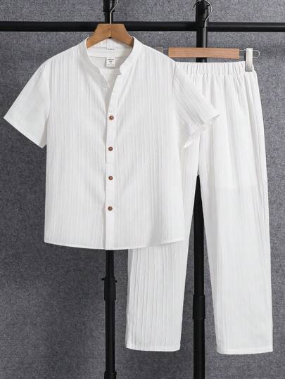 SHEIN 2pcs Tween Boy Casual Vacation Versatile Solid Textured Fabric Wave Pattern White Shirt & Trousers Outfit Set, Suitable For Commuting, School, Everyday Casual Wear, Sports Activities, Spring/Summer