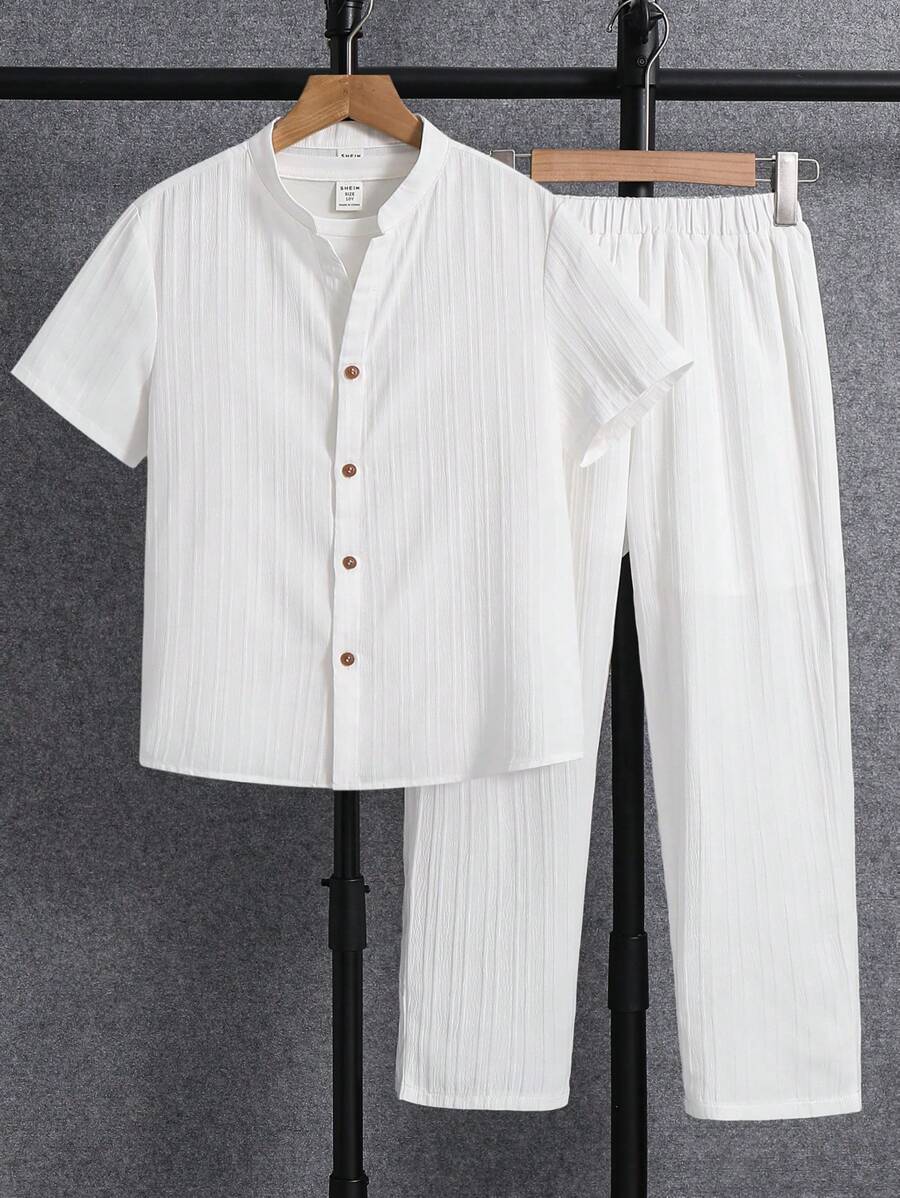SHEIN Bộ 2 quần áo sơ mi trắng và quần dài vải họa tiết sóng đa năng cho bé trai tuổi mới lớn, thích hợp mặc đi làm, đi học, mặc thường ngày, hoạt động thể thao, mùa xuân/hè - trắng - Xem 1