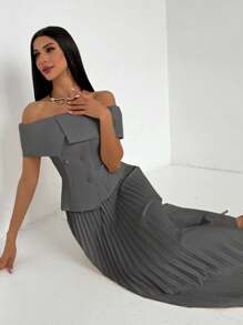 Firerie 1 Bộ áo cánh trễ vai cổ bẻ thanh lịch & chân váy xếp ly, trang phục đi làm văn phòng - Xám - Xem 3