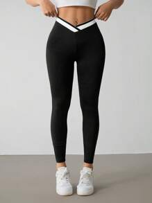 SHEIN PETITE Leggings casual da donna con vita asimmetrica e contrasto di colori, versatili