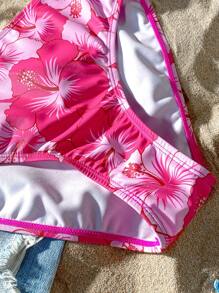3pcs Teenage Girls Pink Floral Print Swimsuit Set, 2 Topsholiday,Summer,Travel,Getaway - Multicolor - View 3