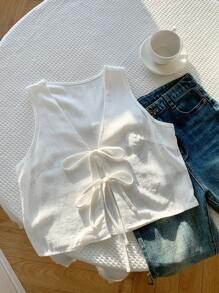 Comfortcana Blusa con nudo frontal de lino para mujer, top sin mangas
