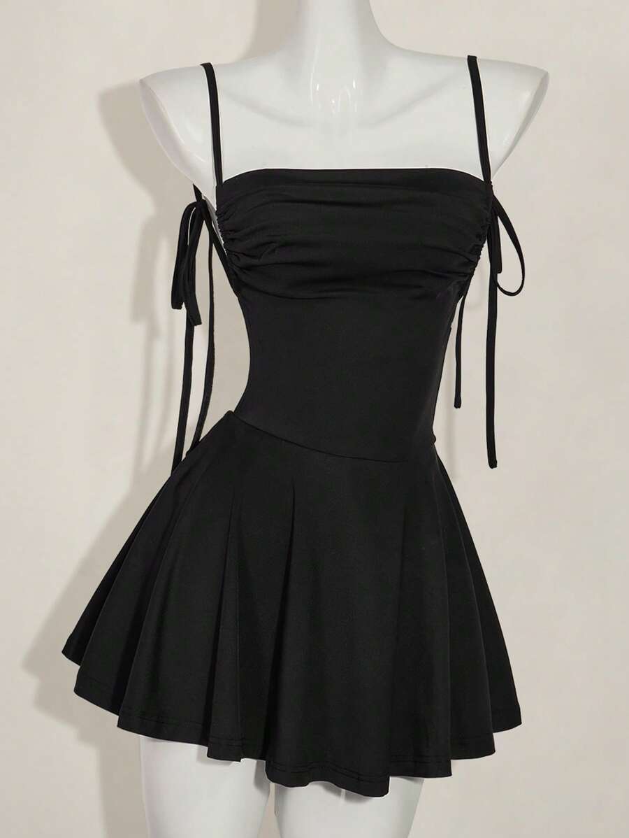 SHEIN ICON Đầm mini hở lưng màu đen dây chéo cho nữ - màu đen - Xem 1