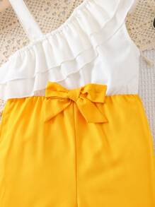 New Fashion Party & Festival Asymmetrical Neck Ruffle Trim Jumpsuit For Young Girl, Sleeveless Wide Leg High Waist Playsuit