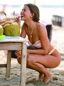 Swim Vcay Springbreak 女款優雅度假休閒派對蝴蝶印花紋理抹胸比基尼 2件式泳衣 夏季款 - 橘色 - 查看 5