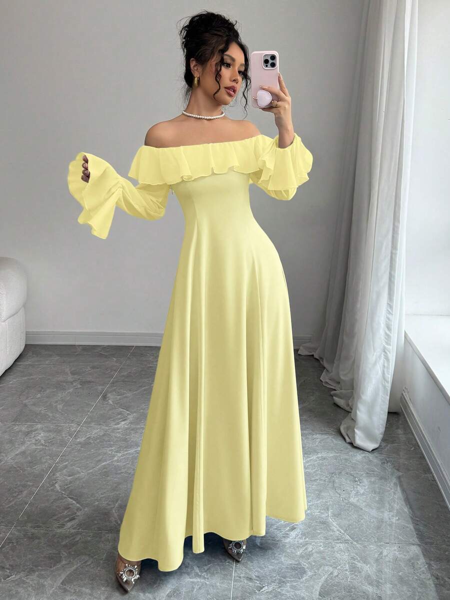 Elenzga 女士时尚新款露肩长裙 - 黃色 - 查看 1