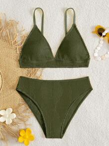 Conjunto de bikini de unicolor para niñas preadolescentes, para playa de verano - Verde militar - Ver 5