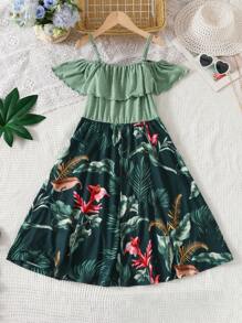 Tropical Plant Print Short Dress For Mother And Daughter, Casual Resort Style Loose Fitting Dress, Suitable For Vacation, Family Activities, Outgoing, Spring/Summer