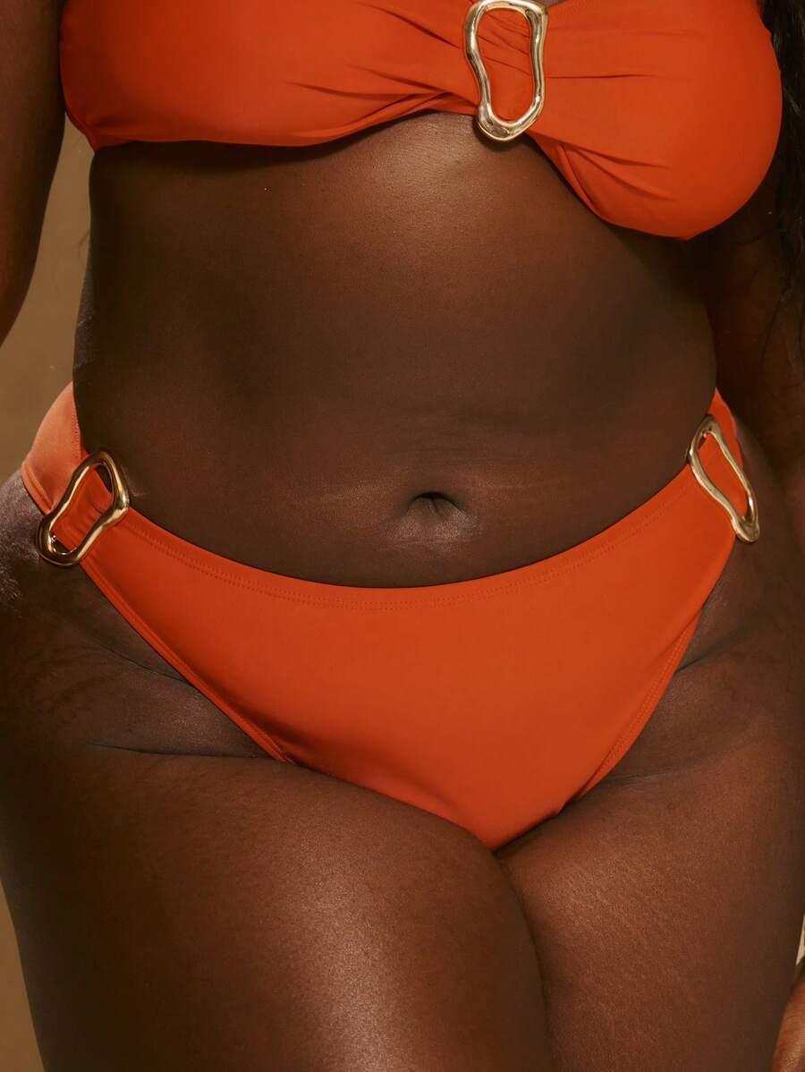 MUSERA Plus Thick Strap Metal Ring Trim Sides Bikini Bottom Only Boho Swim Holiday Sexy Cute Elegant - Brown - View 1