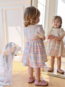Souflis Souflis Baby Girl Puff Sleeve Peter Pan Collar Bowknot Dopamine Grid Cute Front Decorated Jumper Dress