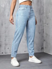 Selenza Washed Distressed Rhinestone Jeans, Casual Tapered Pants - Blue and White - View 7