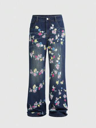 Street Life Jeans décontractés amples à jambe large avec imprimé floral et poches latérales pour hommes, polyvalent