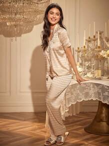 LuxeNights Rhombus Jacquard Patch Pocket Short Sleeve Top & Pants Women Pajamas Set, Spring/Summer - Champagne - View 4
