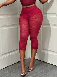 BamGleam 女士蕾丝透明弹力 3/4 长紧身裤 - 紅色 - 查看 7