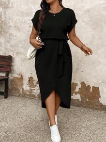 Plus Size Dames Effen Ronde Hals Vleermuismouwen Korte Mouw Asymmetrische Zoom Casual Jurk, Zomer Maxi Dames Outfit