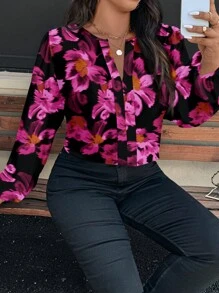SHEIN Clasi Floral Pattern Long Sleeve Plus Size Casual Blouse, Suitable For Spring/Summer - Hot Pink - View 4