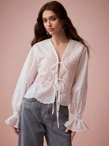 Enchnt Women's White Autumn Boho Vacation Holiday Exquisite Floral Eyelet Cut-Out Embroidered Front Bowknot Long Sleeve Ruffle Trim Shirt,Casual - White - View 4
