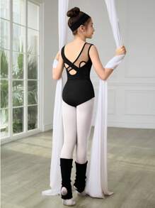 SHEIN Tween Girls Black Minimalist Jumpsuit Splice Mesh Slim Fit School Professional Training Ballet Gymnastics Dance Studio Dance Jumpsuit, All Season - Black - View 4