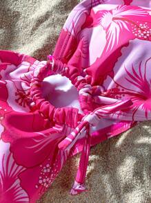 3pcs Teenage Girls Pink Floral Print Swimsuit Set, 2 Topsholiday,Summer,Travel,Getaway - Multicolor - View 5