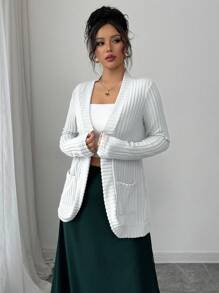 Elenzga Women's Casual Ribbed Brushed Open Front Jacket With Side Pockets Shorts - White - View 3