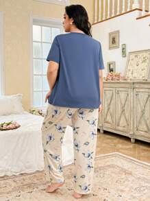Floral Print Pocket Short Sleeve & Long Pants Contrast Color Plus Size Pajama Set - Blue - View 2