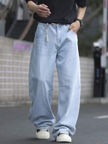 Manfinity Homme 男式休闲日常洗水斜口袋宽松牛仔裤 - 淺色水洗藍 - 查看 1