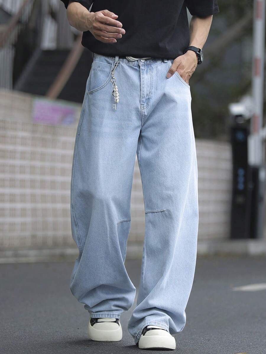 Manfinity Homme 男式休闲日常洗水斜口袋宽松牛仔裤 - 淺色水洗藍 - 查看 1