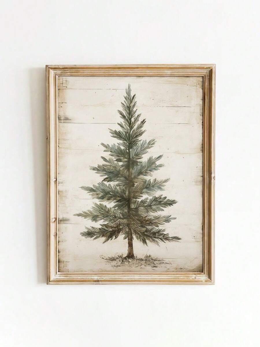 1 件无框冷杉树圣诞节复古艺术海报复古乡村圣诞节云杉树绘画帆布印刷农舍极简主义墙壁画适用于宿舍、客厅、卧室、公寓、现代家居装饰 - 彩色 - 查看 1