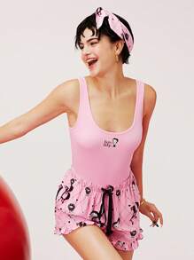 BETTY BOOP X LUVLETTE Conjunto de ropa de estar en casa con top de tirantes rosa básico y pantalones cortos con estampado de x LUVLETTE, pantalones con bolsillos, lencería, ropa interior nupcial - Rosa - Ver 7