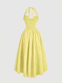 SHEIN MOD Váy xòe nơ cổ yếm cho nữ, trang phục dự tiệc màu vàng cho nữ, trang phục đêm giao thừa, váy dạ hội hóa trang, trang phục sinh nhật cho nữ, váy vàng gợi cảm, váy có nơ, váy công chúa cho nữ đón năm mới - Màu vàng - Xem 2