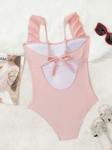 SHEIN 1pc Cute Ruched Shoulder Strap Pleated One-Piece Swimsuit, Summer New Design - Pink - View 4