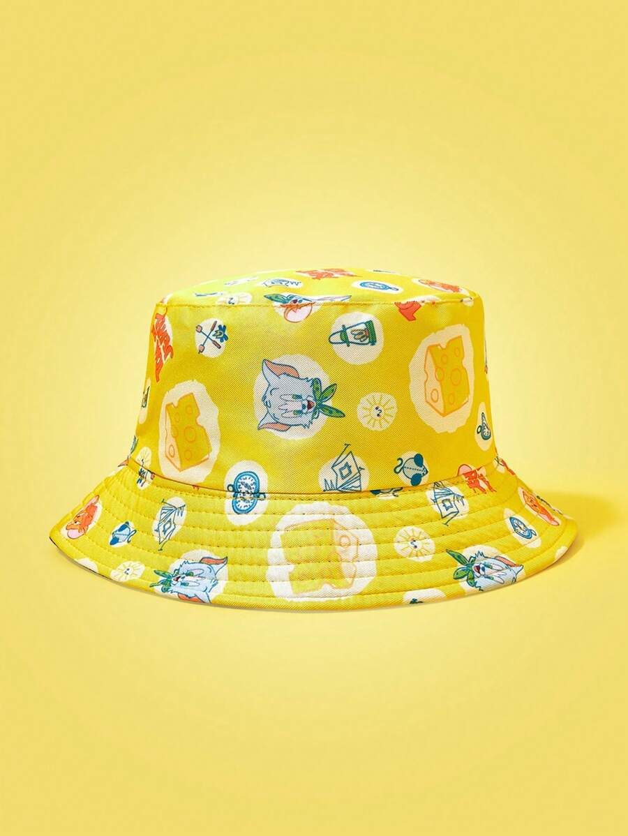 TOM & JERRY X SHEIN Full Print Cartoon Pattern Yellow Fashionable Bucket Hat - Yellow - View 1
