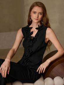 PREMIUM 优雅精致3D花卉背心 - 黑色 - 查看 4