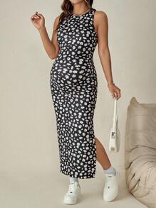 SHEIN Maternity Summer Sexy Ditsy Floral Pattern Side Slit Backless Bodycon Dress - Red - View 6