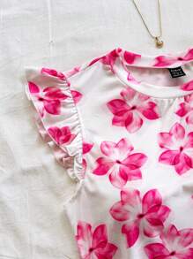 Soleia Casual Vacation, Beach Wedding Guest, Graduation Brunch , St. Patrick's Day, Spring Break, Easter, Music Festival, Elegant Boho Tropical Floral Print Ruffle Sleeve T-Shirt Top, Spring Summer - Pink - View 5