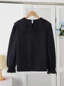Tween Girl Solid Color Black Bow Decor Elegant Long Sleeve Blouse Fall Winter - Black - View 2