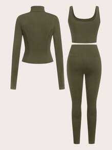 SHEIN EZwear Bộ đồ thể thao 3 món dệt kim màu trơn dài tay có khóa kéo dành cho nữ màu xanh lá cây quân đội, áo vest và quần bó - xanh quân đội - Xem 2
