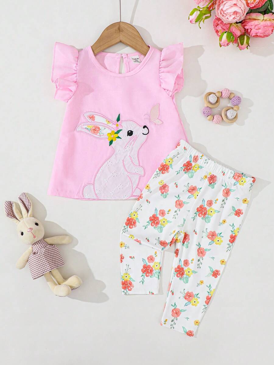 Baby Girl Pink Summer Cute Family Matching Bunny Embroidered Cap Sleeve Top & Floral Print Leggings Set,Suitable For Easter Outing,Party,Photography - Pink - View 1
